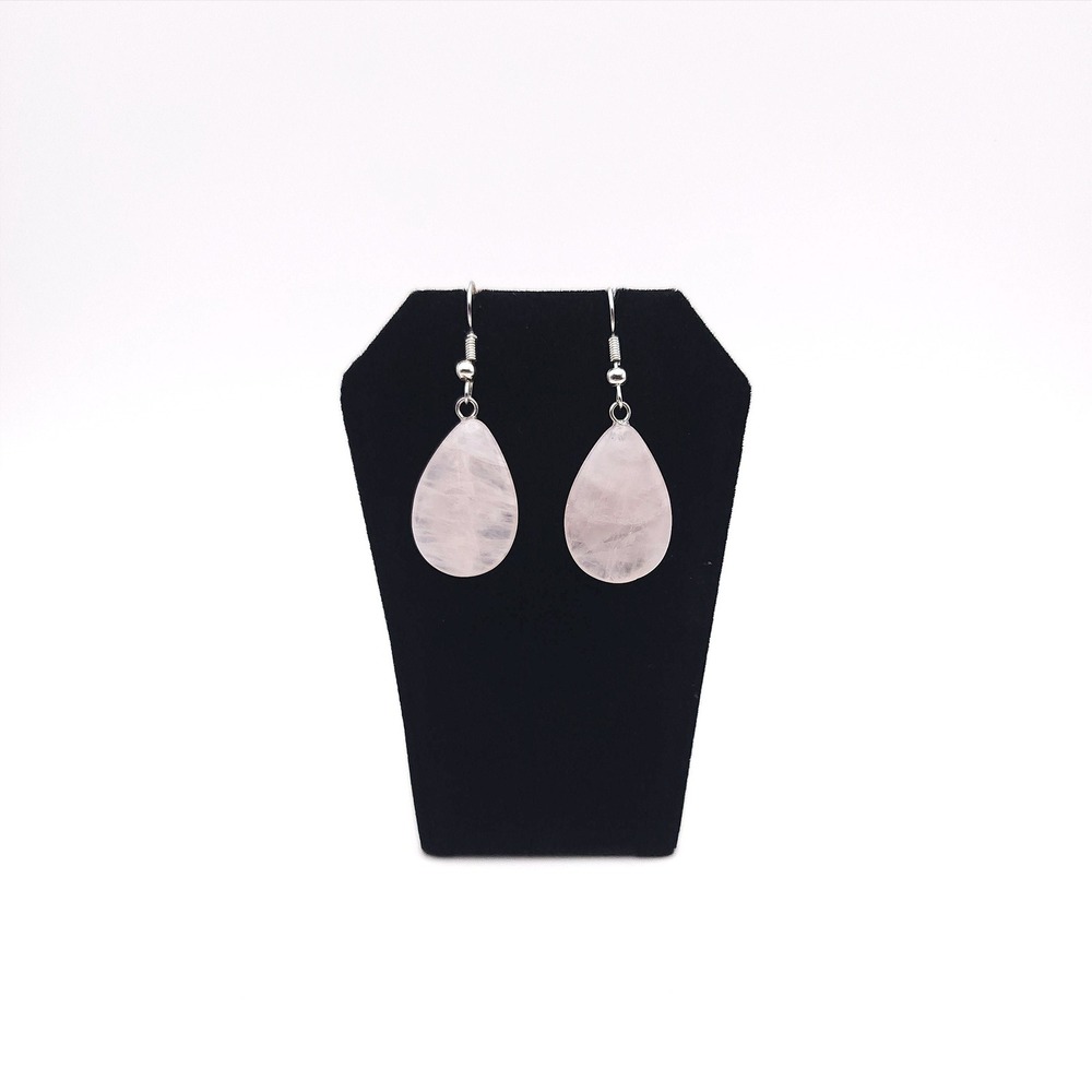Rose Quartz Teardrop Earrings Pale Pink Natural Stone Silver Tone Hook 1.5"